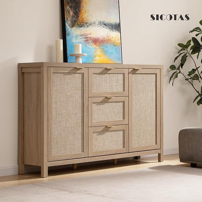 SICOTAS 52" Larger Sideboard Buffet Coffee Bar Cabinet with Storage - Farmhouse Rattan Credenza Storage Cabinet with 3 Drawers and 2 Doors, Boho Console Table for Living Room, Kitchen, Light Oak