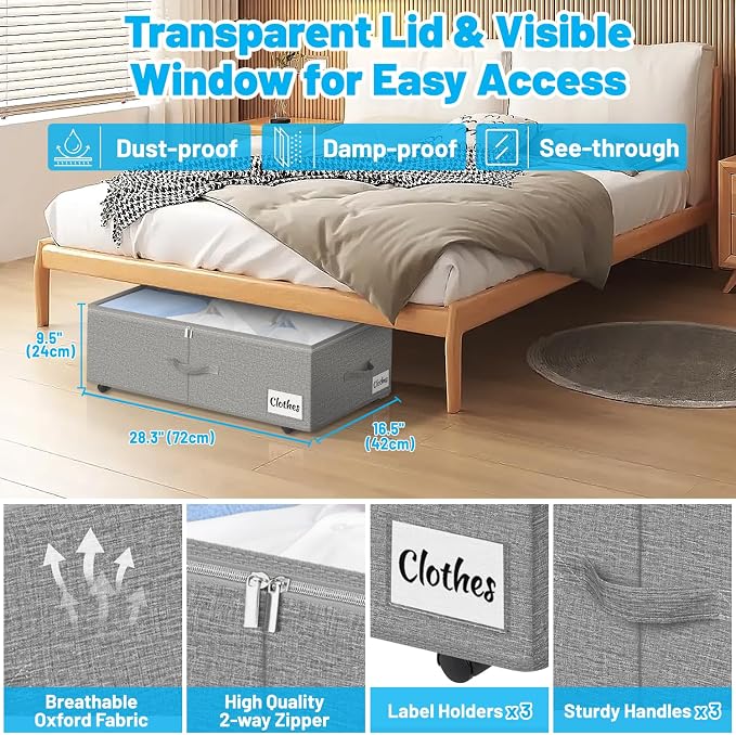 Under Bed Storage with Wheels, 4-Pack 10" Height XXL 75L Rolling Storage Bins, Quick Assembly Underbed Shoe Storage Containers with Clear Lid & Label, Dorm Under Bed Drawers for Clothes, Shoes, Grey