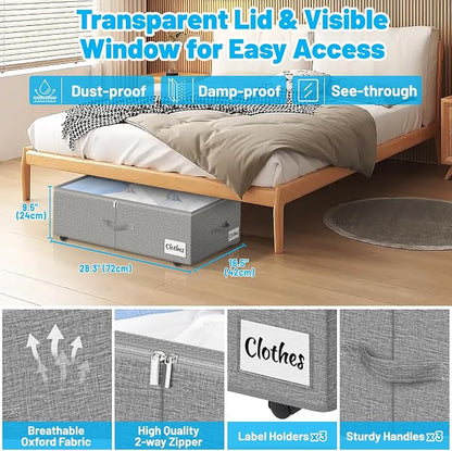 Under Bed Storage with Wheels, 4-Pack 10" Height XXL 75L Rolling Storage Bins, Quick Assembly Underbed Shoe Storage Containers with Clear Lid & Label, Dorm Under Bed Drawers for Clothes, Shoes, Grey