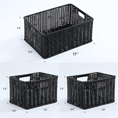 HOONEX Large Wicker Baskets for Storage, Woven Plastic With Dual Handles, Set of 3, Black
