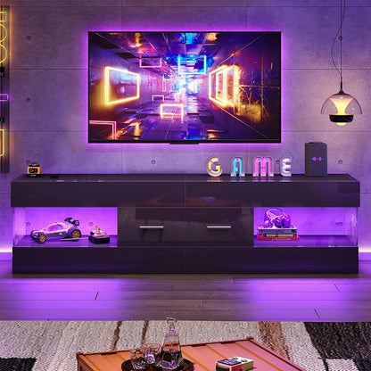 Bestier Black TV Stand for 55/60/65 Inch TV, High Gloss Modern TV Stand with Stone-Patterned Side Panels, LED Entertainment Center with Large Drawer, TV Consoles for Living Room, Bedroom