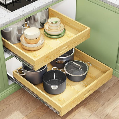 Pull Out Cabinet Organizer, Soft Close Wooden Slide Out Drawers for Pots and Pans, Full-extension Roll Out Shelves for Kitchen Cabinets, Pantry Organization, Bottom & Side Mount(17"W X 21"D x 3.4''H)