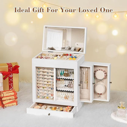 Honiway Jewelry Box for Women, 5 Layer Rustic Wooden Jewelry Organizer with Glass Window, 4 Drawers, Mirror, Large Jewelry Storage Display for Earrings Rings Necklaces Bracelets (Weathered White)