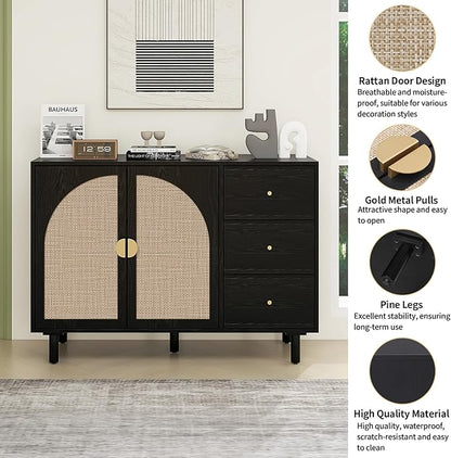 Black 2 Door 3 Drawer Rattan Cabinet, Accent Storage Cabinets with Cane Door, Stylish Boho Buffet Table with Storage,Black Rattan Cabinet Wood Credenza for Dining Room,Bathroom,Study,Kitchen