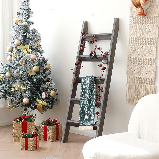 FUIN 5ft (58") Wood Blanket Ladder Living Room Decorative Wall Leaning Farmhouse Quilt Display Holder Rustic Wooden Towel Rack for Bathroom, Gray