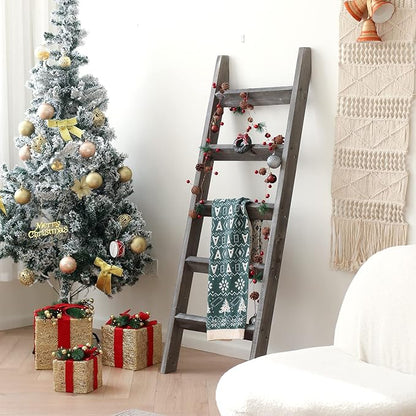 FUIN 5ft (58") Wood Blanket Ladder Living Room Decorative Wall Leaning Farmhouse Quilt Display Holder Rustic Wooden Towel Rack for Bathroom, Gray