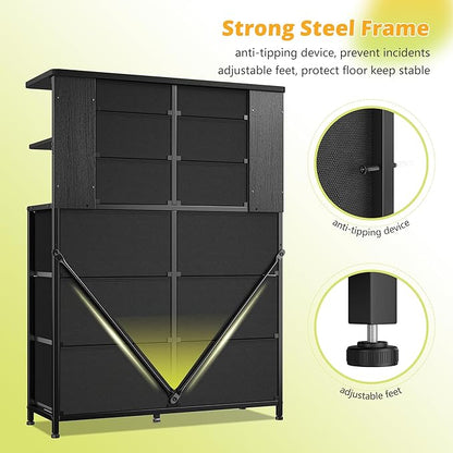 EnHomee Dresser with 12 Drawers & LED Lights, Dresser for Bedroom with 4 Open Storage Shelves, Fabric Dressers & Chests of Drawers, Metal Frame, Wood Top,45.2" H x 35.4" W x 11.8" D, Black