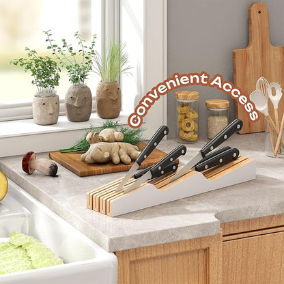 In-Drawer Knife Block Organizer - Bamboo Wood Drawer Knife Organizer-Protecting Knife Organizer Block (Not Included) (White, 7 Knives Dock)