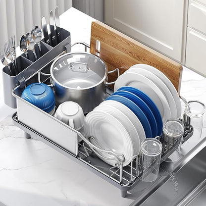 Urackify Stainless Steel Dish Drying Rack - Large Capacity Kitchen Counter Organizer with Drain Board, Utensil Holder & Detachable Cup Shelf, 304 Surgical-Grade Rust-Proof Dish Drainer, Easy Assembly