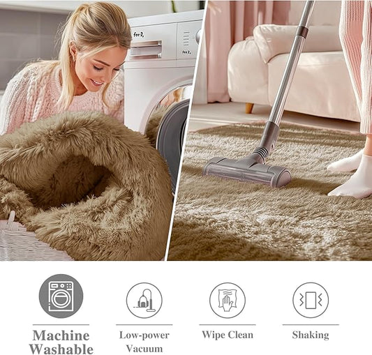 OLANLY Taupe Round Rugs for Bedroom - Machine Washable, 4 ft Circle Area Rugs for Living Room, Soft and Fluffy Shaggy Carpet for Teen Girl and Boys, Nursery Rooms, Dorms, Home Decor Aesthetic