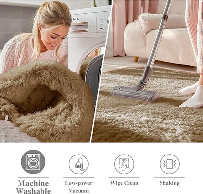 OLANLY Taupe Round Rugs for Bedroom - Machine Washable, 5 ft Circle Area Rugs for Living Room, Soft and Fluffy Shaggy Carpet for Teen Girl and Boys, Nursery Rooms, Dorms, Home Decor Aesthetic