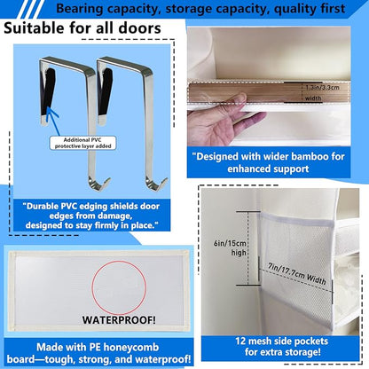 over the door organizer, Solid Bamboo Board (Not Plastic!) 6-Tier Heavy Duty 75LB, 12 Side Pockets, 3 Reinforced Hooks & Anti-Slip Pads, Waterproof & Washable, No Sagging, No Door Damage,White