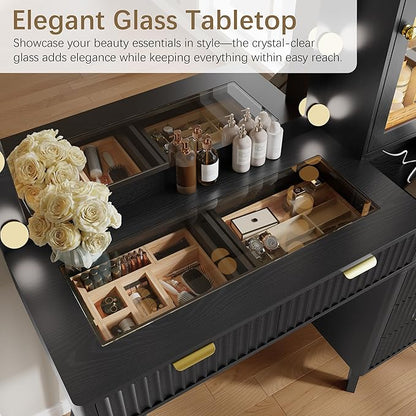 45'' Fluted Makeup Vanity Desk with LED Lights Mirror & Charging Station, Modern Glass Top Vanity Table with 5 Drawers & Glass Cabinet, Dressing Table for Bedroom, Living Room, Black