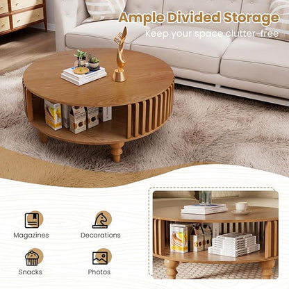 2-Tier Round Coffee Table 30.7" Round Coffee Table with Storage Mid-Century Modern Circle Accent Center Table Farmhouse Low Cocktail Tea Furniture for Living Room Small Spaces (30.7" Round)