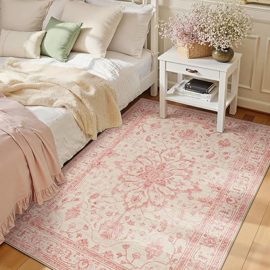 RELEANY Area Rugs 3'x5' Washable Non-Slip, Floral Vintage Distress Medallion Carpet for Living Room Bedroom Dining Room, Pink Light Vintage Pink