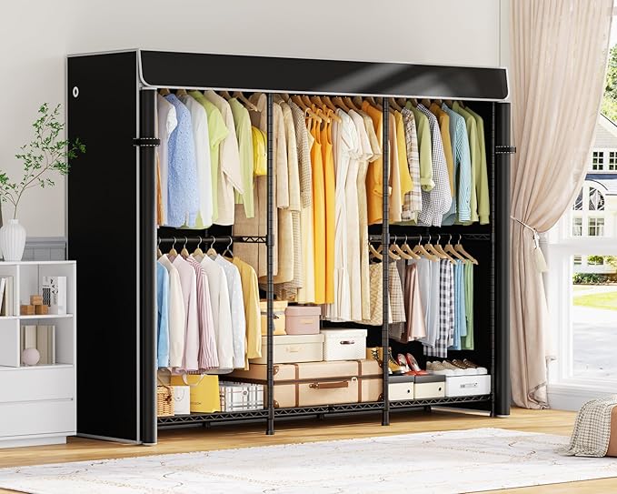 E14C Heavy Duty Closet Organizer System，Freestanding Clothing Racks for Hanging Clothes，Adjustable Garment Rack 70.1" W × 16.6" D × 76.4" H Hold 960 lbs，Black Rack with Black Dustproof Cover