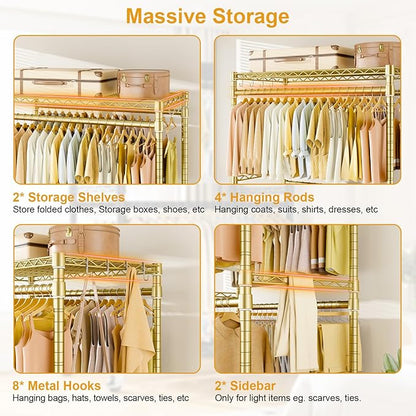 P4 Plus Rolling Clothes Rack Heavy Duty, Clothing Racks for Hanging Clothes, Free Standing Garment Racks with Wheels, Portable Closet Rack 45'' W × 20.5'' D × 80.5'' H, Max Load 570 Lbs, Gold