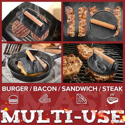 Grilliance Smash Burger Press Kit, 3 in 1 Hamburger Press Patty Maker, Black Cast Iron Burger Press Round & Rectangle, 100pcs Wax Paper for Grill, Griddle, Flat top, Kitchen, Cooking