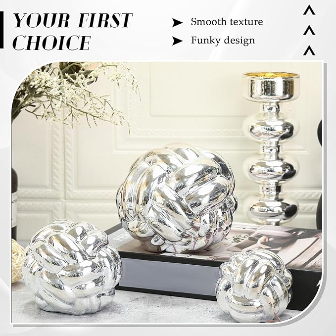 Wenqik 3 Pcs Knot Decor, Link Coffee Table Bookshelf Decor Accents, Ceramic Decorative Objects, Modern Home Minimalist Book Shelf Aesthetic Decoration, 3 Sizes(Silver)