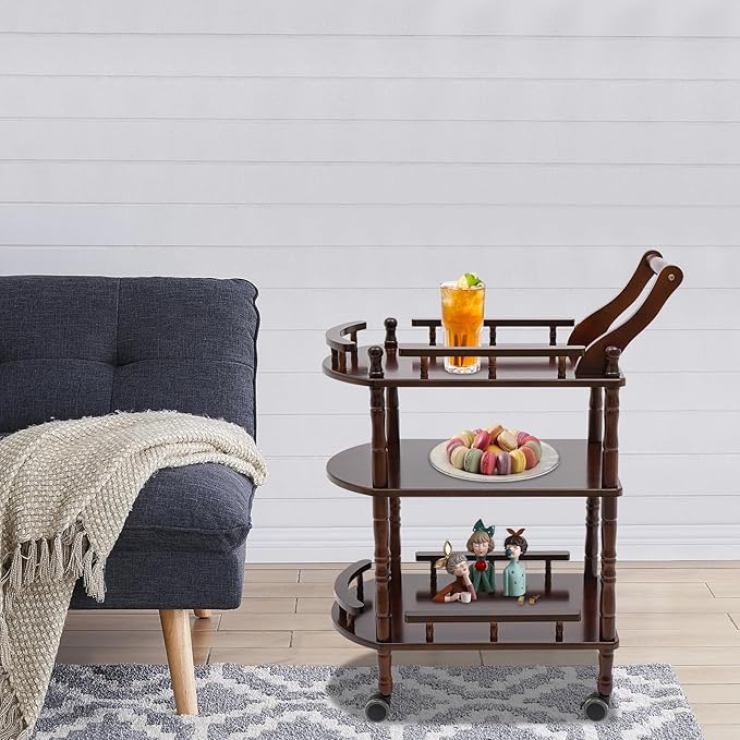 3 Tier Rolling Bar Cart, Home Bar Serving Cart, Brown Wood Mobile Bar Cart Serving Cart with Practical Handle, Multifunctional Utility Cart, for Hotels, Living Rooms, Offices, Kitchens