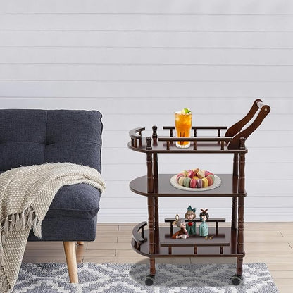 3 Tier Rolling Bar Cart, Home Bar Serving Cart, Brown Wood Mobile Bar Cart Serving Cart with Practical Handle, Multifunctional Utility Cart, for Hotels, Living Rooms, Offices, Kitchens