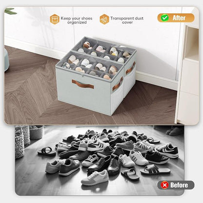 Budding Joy 2 Pack Shoe Organizer for Closet, Clear Foldable Shoe Storage Containers Adjustable Dividers Fits 16 Pairs,Shoe Storage Bins Baskets Boxes with Reinforced Handles Light grey