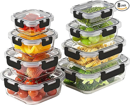 8 Pack Borosilicate Glass Food Storage Containers with Lids, Glass Meal Prep Containers, Airtight Bento Lunch Boxes with Snap Locks, Oven, Freezer and Dishwasher Safe, BPA Free, Kitchen Storage Set