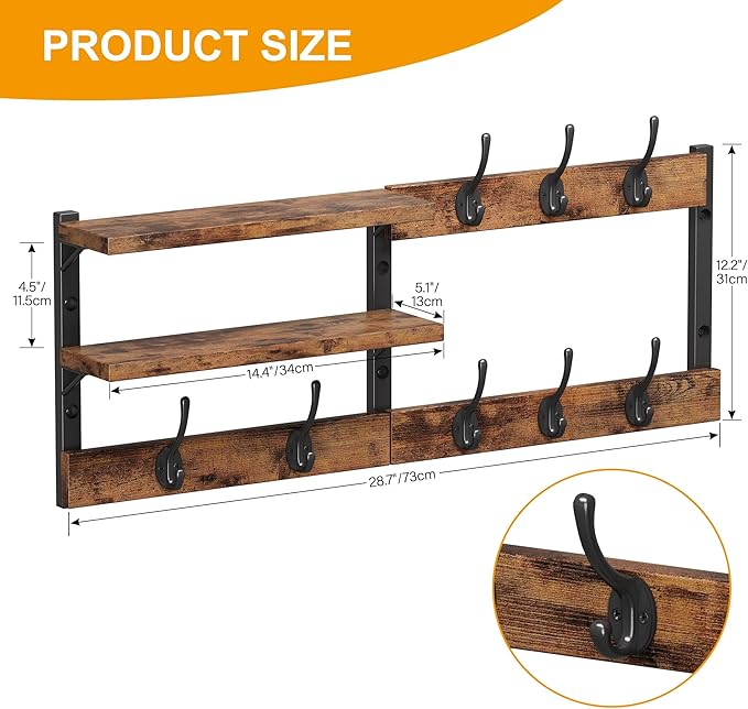 Homeiju 28.7" Coat Rack Wall Mount with Shelf, Key Hooks for Wall with Shelf, Coat Hooks Wall Mounted with 8 Heavy Duty Double Hooks for Bedroom,Living Room, Rustic Brown (8 Hooks)