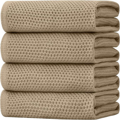 Homaxy 100% Cotton Waffle Weave Kitchen Dish Towels, Ultra Soft Absorbent Quick Drying Cleaning Towel, 20x28 Inches, 4-Pack, Tan