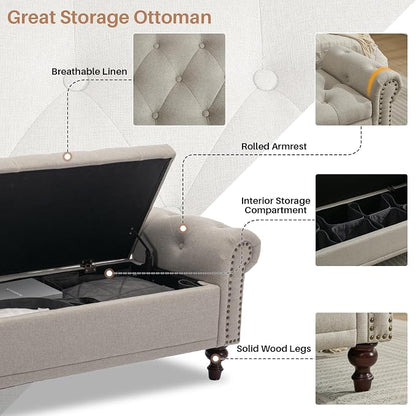 58'' Upholstered Storage Bench for Bedroom, Linen End of Bed Storage Ottoman Benches Large, Button Tufted Ottomans with Storage for Living Room/Entry Way/Closet, Light Brown