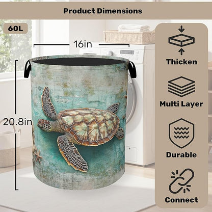 Retro Map Turtle Large Clothes Hamper Bag - Laundry Basket with Handles, Space Saving Foldable Design for Nursery