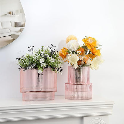 Pink Glass Vases, Set of 2 Ribbed Vases for Flowers, Pink Vase for Tulips, Modern Glass Vase for Living Room, Dining Table, Office, Entryway, Mantle, Bookshelf, Wedding Gifts
