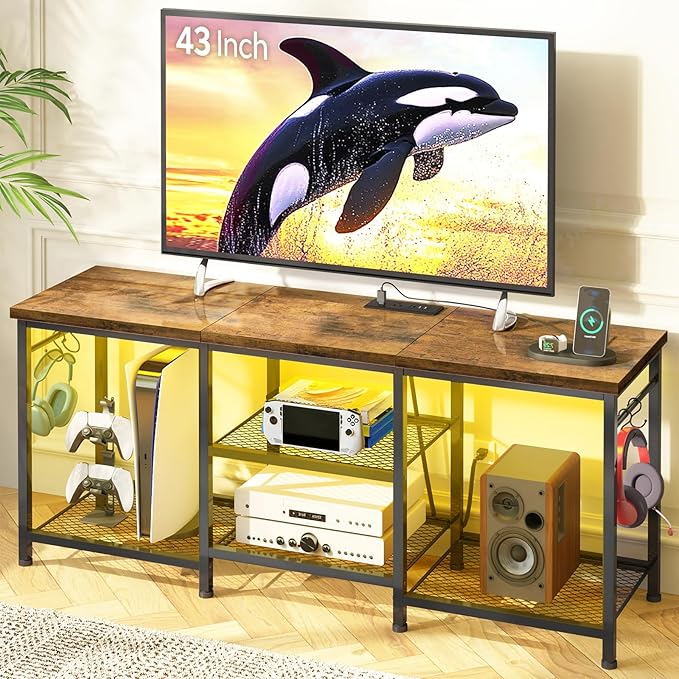 YGEOMER TV Stand for Up to 50 Inch Tvs, Entertainment Center with Outlet Led Lights Open Storage Shelves, TV Consoles for Living Room Bedroom, Rustic Brown