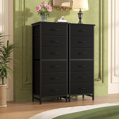 Sweetcrispy Tall Fabric Dresser for Bedroom, 6 Drawer Skinny Chest of Drawers, Narrow Storage Tower with Wood Top and Metal Frame, Vertical Nightstand for Closet, Bedroom Organization Furniture, Black