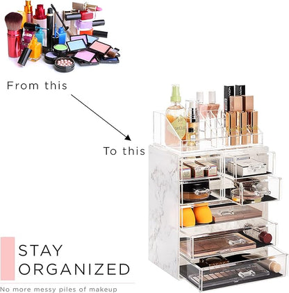 Sorbus Acrylic Makeup Organizer Set, 7-Drawer Vanity & Countertop Cosmetic Storage with Small & Wide Compartments, Marble Print Makeup Storage for Brushes, Jewelry – Holiday Gift for Women & Teens