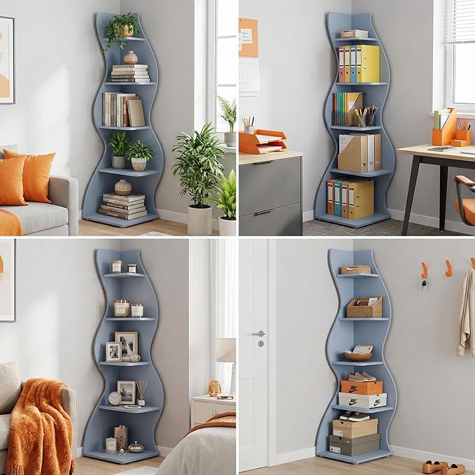 Arvolia 70 Inch Corner Shelf Stylish Design,Modern 5-Tier Wall Corner Bookshelf,Stylish Corner Small Bookcase Storage Rack Plant Stand with Unique Shape for Home Office (Blue)