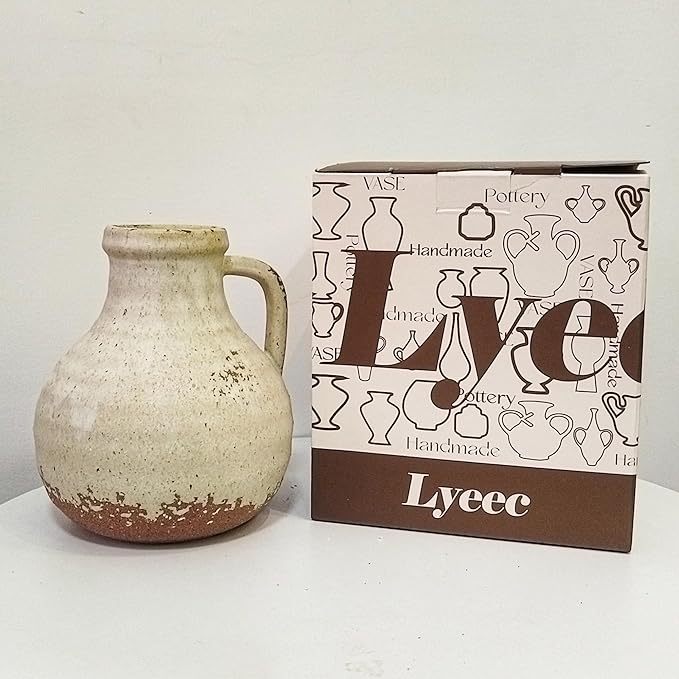 Ceramic Flower Vase Home Decor - 7.1 Inch Farmhouse Vases Rustic Vintage Living Room Kitchen Bedroom Decorations for House Book Shelf Office Coffee Desk Dining Fireplace