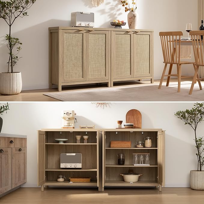 SICOTAS Rattan Sideboard Buffet Cabinet with Large Storage - Boho Credenza Coffee Bar Cabinet with Adjustable Shelves, Buffet Console Table for Kitchen Living Room Hallway - Natural