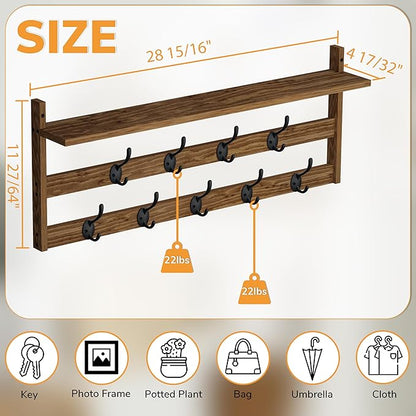 AMBIRD Coat Rack Wall Mount with Shelf, 29" Coat Hooks Wall Mounted with 9 Metal Hooks for Entryway, Bathroom, Bedroom, Living Room, Kitchen, 2 Tier Wall Hooks for Clothes, Hat, Towel, Key, Purse