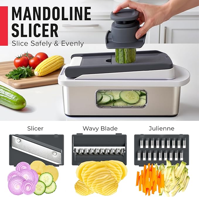 MUELLER HOME Pro-Series 10-in-1, 8 Blade Stainless Steel Multi Vegetable Chopper And Mandoline Slicer, Kitchen Accessories and Essentials, Food and Veggie Chopper, Mincer, Dicer, White Sand/Grey