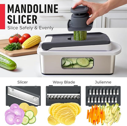 MUELLER HOME Pro-Series 10-in-1, 8 Blade Stainless Steel Multi Vegetable Chopper And Mandoline Slicer, Kitchen Accessories and Essentials, Food and Veggie Chopper, Mincer, Dicer, White Sand/Grey