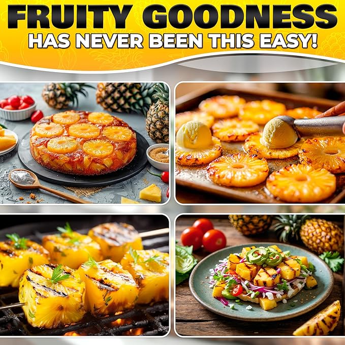 Pineapple Corer and Slicer Tool – Stainless Steel Pineapple Peeler Tool with Reinforced Thick Blade for Effortless Slicing – Core Remover and Cutter for Diced Fresh Rings, Black Handle, Easy to Clean