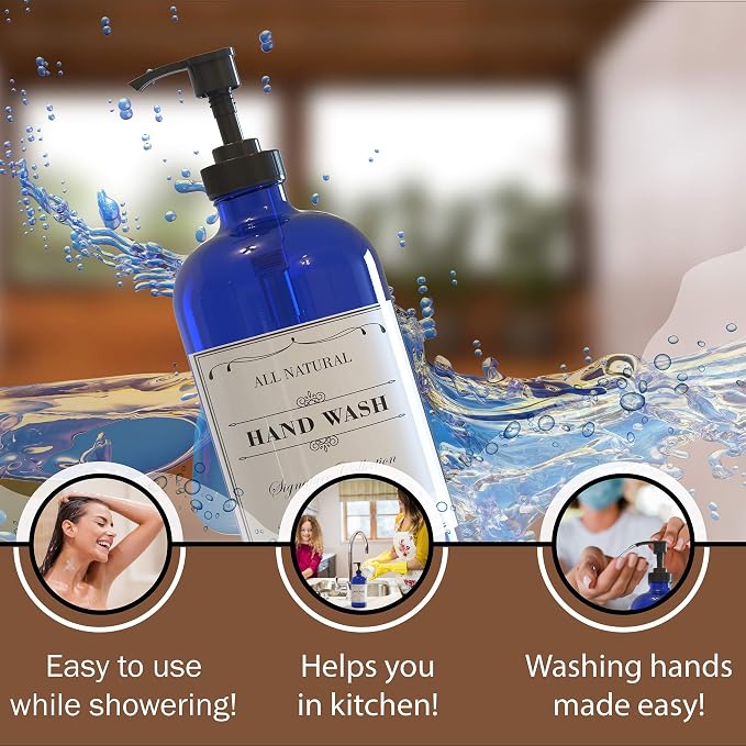 Sunrise Premium 16 OZ Cobalt Blue Glass Soap Dispenser with Pump 2 Pack, Hand and Dish Soap Dispenser Set for Bathroom and Kitchen Sink with 6 Waterproof Labels
