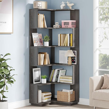 Tribesigns 6-Tier Corner Bookshelf, 64.9 Inches Tall Corner Bookcase with Anti-Drop Panel, Modern Freestanding Shelf Display Rack Storage Organizer for Home Office, Living Room, Grey
