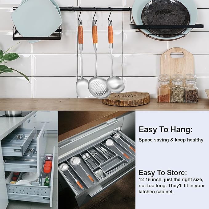 Stainless Steel Kitchen Utensils Set with Wooden Handle for Cooking 9 PCS with Solid and Slotted Spoon, Fork, Spatula, Ladle, Skimmer, Slotted Tunner, Spaghetti and Large Spoon