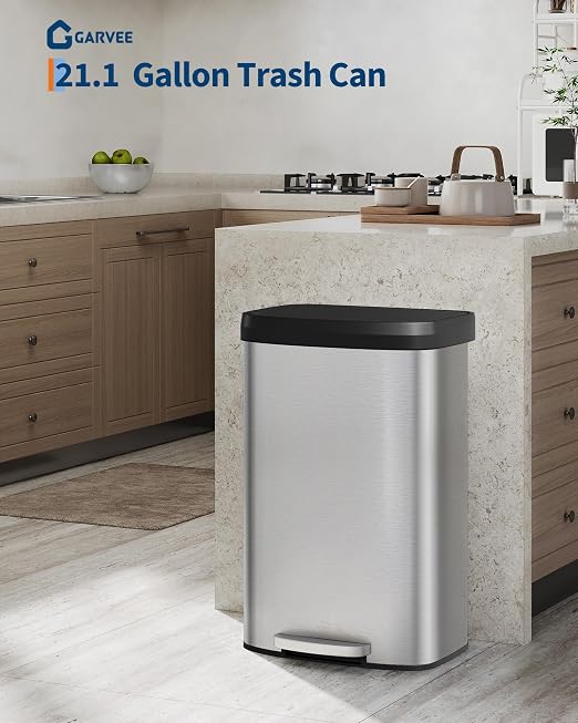 Garvee 21 gal / 80 L Stainless Steel Trash Can with Lid, Large Garbage Can for Kitchen, Rustproof Step-on Kitchen Metal Trash Bin with Liner Rim, Rear Handle, Soft Close Plastic Lid