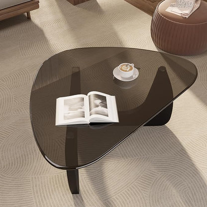 Modern Glass Coffee Table, Triangle Center Table with Tempered Glass Top& Unique Wooden Base, 35.5” Mid Century Tea Tables for Living Room, Apartment, Office,Black & Grey