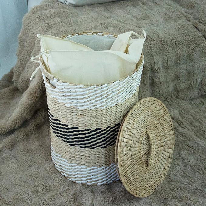 Hand Woven Laundry Basket with Lid,21-Inch Laundry Hamper with Removable Liner for Laundry and Elegant Storage,Multicolor