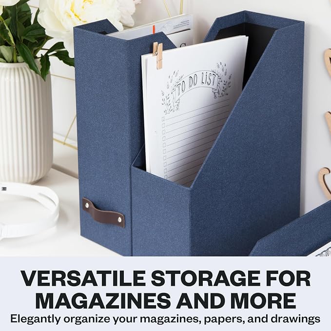 Bigso Box of Sweden Estelle Canvas Fiberboard Upright Magazine Holder and Organizer for Papers and Catalogs with Leather Handle - Magazine File Holder for Office Desks - 12.6in x 4.5in x 9.8in - Blue