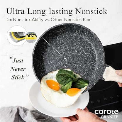 CAROTE Non Stick Frying Pan Skillet, Omelet Pan, Healthy Non Toxic Granite Chef Pan, Induction Compatible Egg Frying Pan with Heat-Resistant Handle, PFOA-Free,Black, 12"
